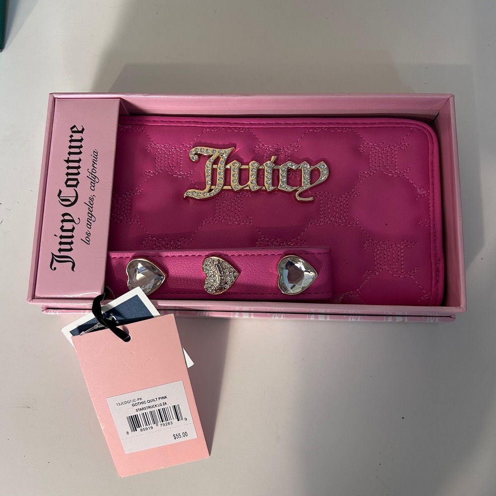 Juicy Couture Pink Quilted Zip Around Wallet Clutch Rhinestone‎ Heart Detail